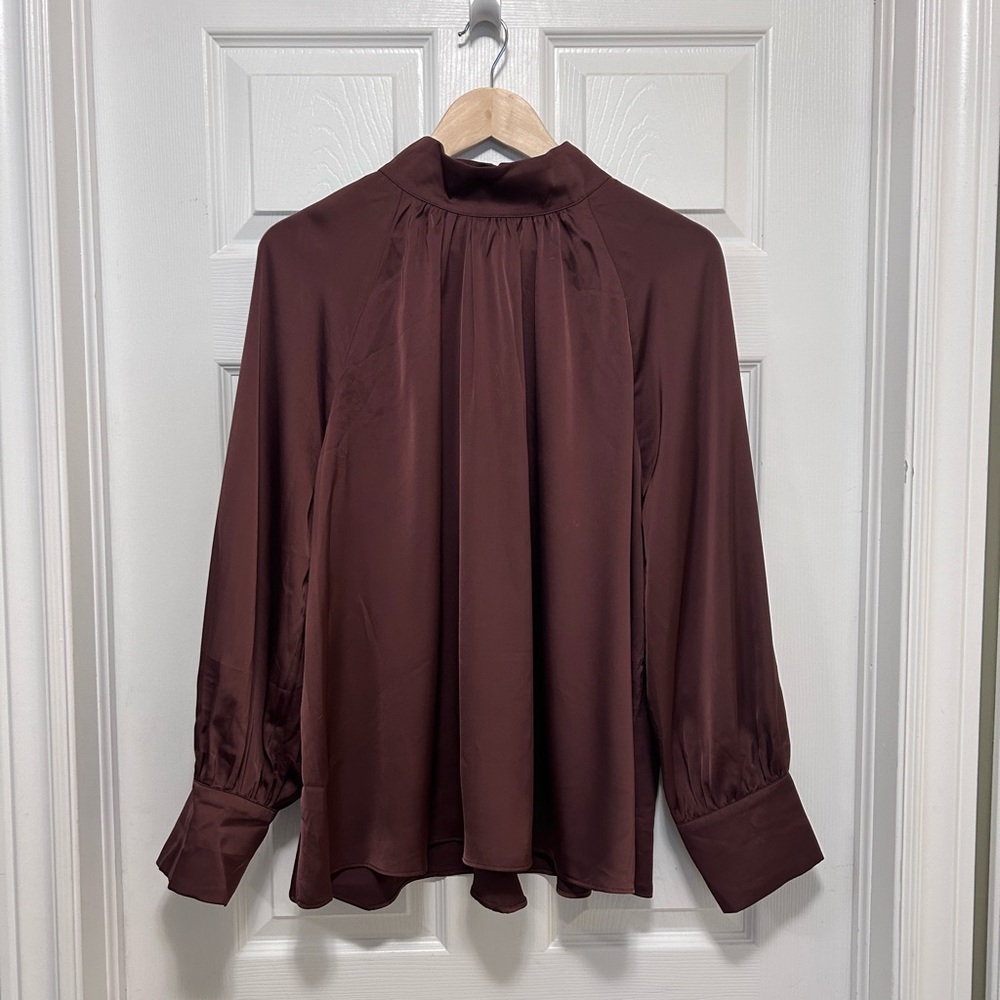 H&M brown blouse, puff sleeves, size large.